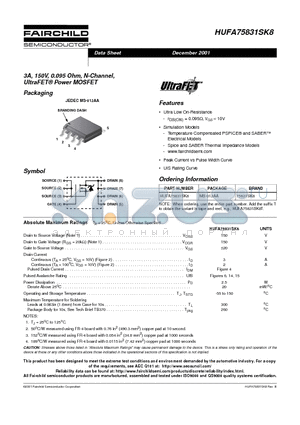 HUFA75831SK8T datasheet - 3A, 150V, 0.095 Ohm, N-Channel, UltraFET Power MOSFET