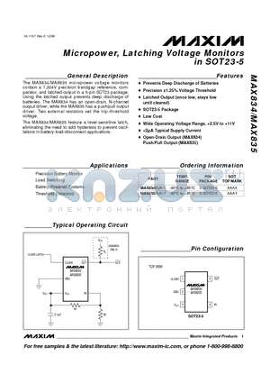 MAX834 datasheet - Micropower, Latching Voltage Monitors in SOT23-5