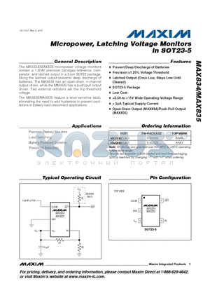 MAX835 datasheet - Micropower, Latching Voltage Monitors in SOT23-5