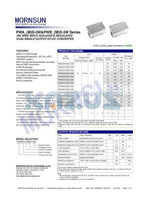 PWB2403MD-3W datasheet - DUAL/SINGLE OUTPUT DC-DC CONVERTER