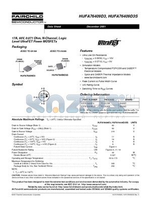 HUFA76409D3S datasheet - 17A, 60V, 0.071 Ohm, N-Channel, Logic Level UltraFET Power MOSFETs