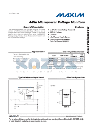 MAX836EUS-T datasheet - 4-Pin Micropower Voltage Monitors