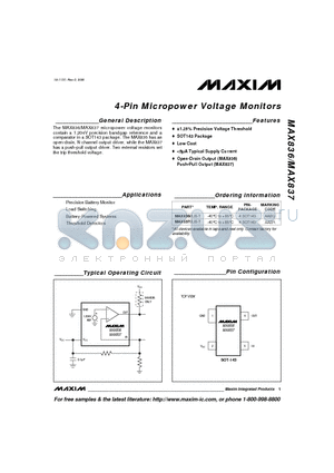 MAX836 datasheet - 4-Pin Micropower Voltage Monitors