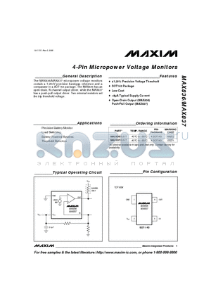 MAX837EUS-T datasheet - 4-Pin Micropower Voltage Monitors