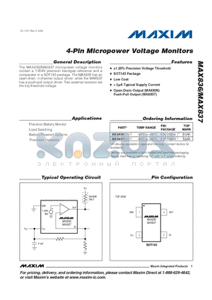 MAX837EUS-T datasheet - 4-Pin Micropower Voltage Monitors