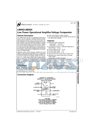LM2924N datasheet - Low Power Operational Amplifier/Voltage Comparator