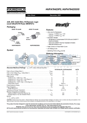 HUFA76423P3 datasheet - 33A, 60V, 0.035 Ohm, N-Channel, Logic Level UltraFET Power MOSFETs