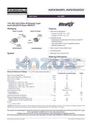 HUFA76439S3S datasheet - 71A, 60V, 0.014 Ohm, N-Channel, Logic Level UltraFET Power MOSFET