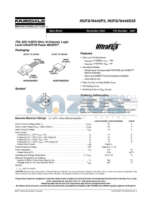 HUFA76445S3S datasheet - 75A, 60V, 0.0075 Ohm, N-Channel, Logic Level UltraFET Power MOSFET