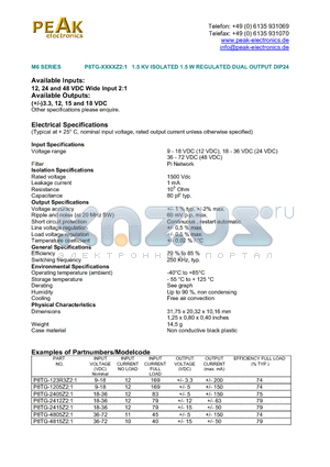 P8TG-2405Z21 datasheet - 1.5 KV ISOLATED 1.5 W REGULATED DUAL OUTPUT DIP24