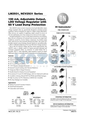 LM2931ACD2TR4 datasheet - 100 mA, Adjustable Output, LDO Voltage Regulator with 60 V Load Dump Protection