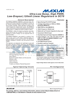 MAX8510 datasheet - Ultra-Low-Noise, High PSRR, Low-Dropout,120mA Linear Regulators in SC70