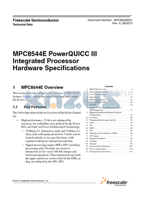 MPC8544E datasheet - Integrated Processor Hardware Specifications