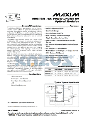 MAX8520ETP datasheet - Smallest TEC Power Drivers for Optical Modules