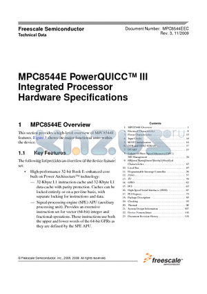 MPC8544CVTAQG datasheet - PowerQUICC III Integrated Processor Hardware Specifications
