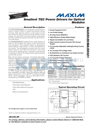MAX8521 datasheet - Smallest TEC Power Drivers for Optical Modules