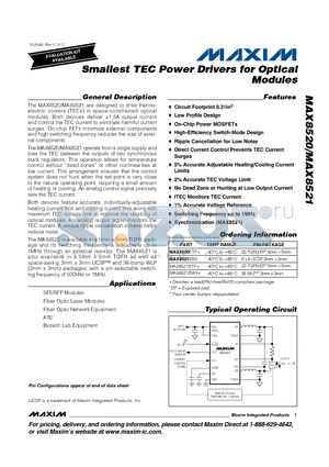 MAX8521EWX datasheet - Smallest TEC Power Drivers for Optical Modules Low Profile Design