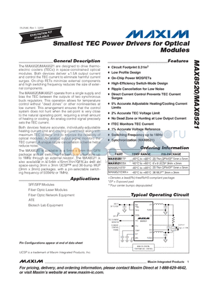 MAX8521EBX datasheet - Smallest TEC Power Drivers for Optical Modules