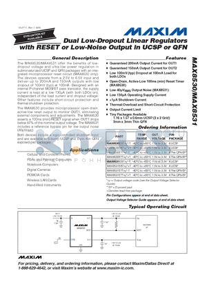 MAX8530EBTJ2 datasheet - Dual Low-Dropout Linear Regulators with RESET or Low-Noise Output in UCSP or QFN