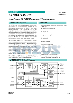LXT313 datasheet - Low Power E1 PCM Repeaters/Transceivers