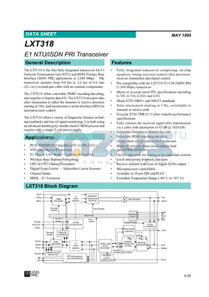 LXT318 datasheet - E1 NTU/ISDN PRI Transceiver