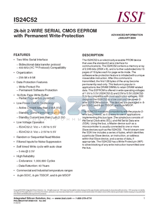 IS24C52-2G datasheet - 2k-bit 2-WIRE SERIAL CMOS EEPROM with Permanent Write-Protection