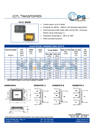 P9101-7 datasheet - CCFL TRANSFORMER