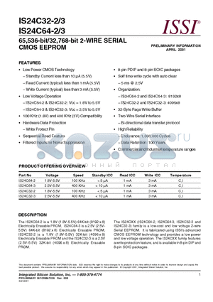 IS24C64-3 datasheet - 65,536-bit/32,768-bit 2-WIRE SERIAL CMOS EEPROM