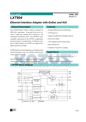 LXT904 datasheet - Ethernet Interface Adapter with EnDec and AUI