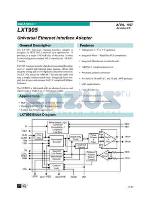 LXT905 datasheet - Universal Ethernet Interface Adapter