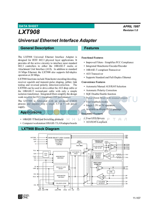 LXT908 datasheet - Universal Ethernet Interface Adapter