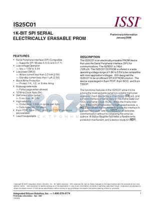 IS25C01-2PLI datasheet - 1K-BIT SPI SERIAL ELECTRICALLY ERASABLE PROM