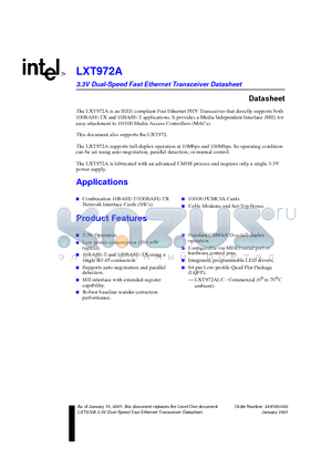 LXT972A datasheet - 3.3V Dual-Speed Fast Ethernet Transceiver Datasheet