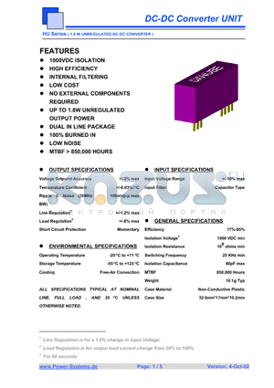 HUS-2409 datasheet - DC-DC Converter UNIT 1.8 W UNREGULATED DC-DC CONVERTER