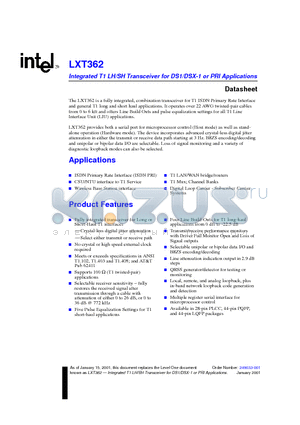 LXT362 datasheet - Integrated T1 LH/SH Transceiver for DS1/DSX-1 or PRI Applications