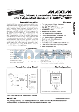 MAX8559 datasheet - Dual, 300mA, Low-Noise Linear Regulator with Independent Shutdown in UCSP or TDFN