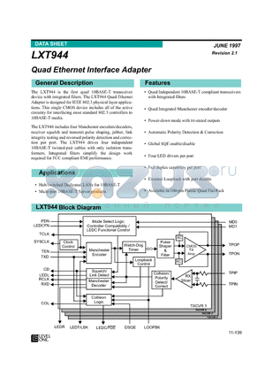 LXT944 datasheet - Quad Ethernet Interface Adapter