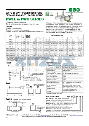 PWH1025-101 datasheet - 5W TO 50 WATT POWER RESISTORS CERAMIC ENCASED, RADIAL LEADS