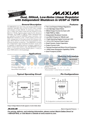 MAX8559ETAK2 datasheet - Dual, 300mA, Low-Noise Linear Regulator with Independent Shutdown in UCSP or TDFN