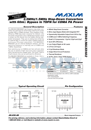MAX8581ETB+ datasheet - 2.5MHz/1.5MHz Step-Down Converters with 60m ohm Bypass in TDFN for CDMA PA Power
