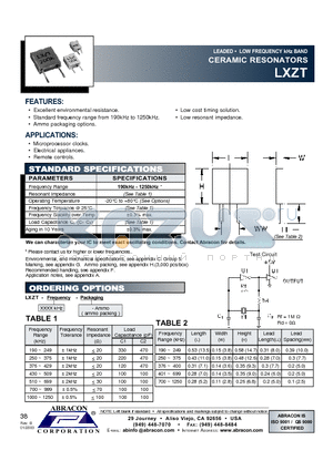 LXZT datasheet - LEADED LOW FREQUENCY kHz BAND CERAMIC RESONATORS