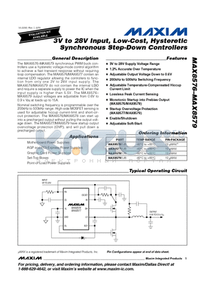 MAX8578EUB datasheet - 3V to 28V Input, Low-Cost, Hysteretic Synchronous Step-Down Controllers