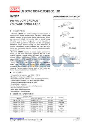 LM2937-10-TA3-R datasheet - 500mA LOW DROPOUT VOLTAGE REGULATOR