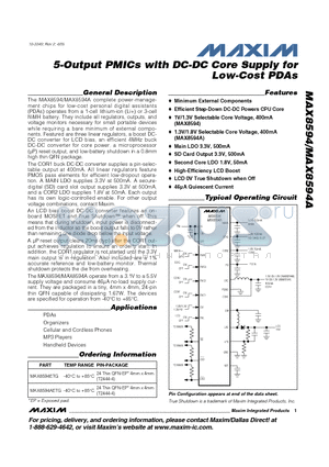 MAX8594AETG datasheet - 5-Output PMICs with DC-DC Core Supply for Low-Cost PDAs