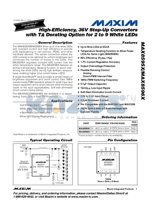 MAX8595X datasheet - High-Efficiency, 36V Step-Up Converters with TA Derating Option for 2 to 9 White LEDs