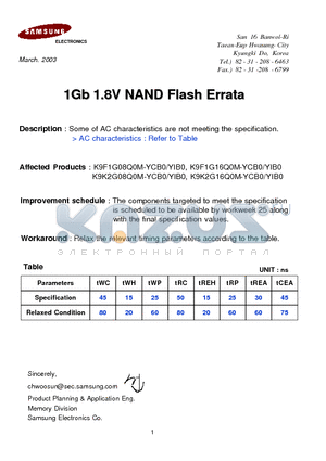 K9F1G08Q0M-YCB0 datasheet - 1Gb Gb 1.8V NAND Flash Errata