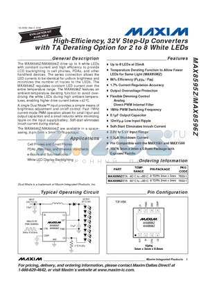 MAX8595ZETA datasheet - High-Efficiency, 32V Step-Up Converters with TA Derating Option for 2 to 8 White LEDs