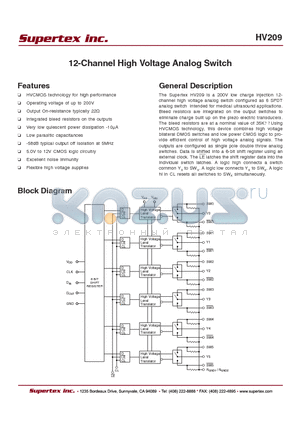 HV209FG datasheet - 12-Channel High Voltage Analog Switch