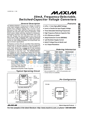 MAX860-MAX861 datasheet - 50mA, Frequency-Selectable, Switched-Capacitor Voltage Converters