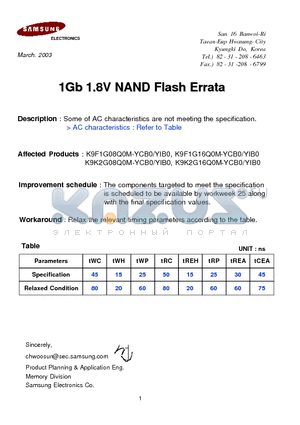 K9F1G08U0M-VIB0 datasheet - 1Gb Gb 1.8V NAND Flash Errata